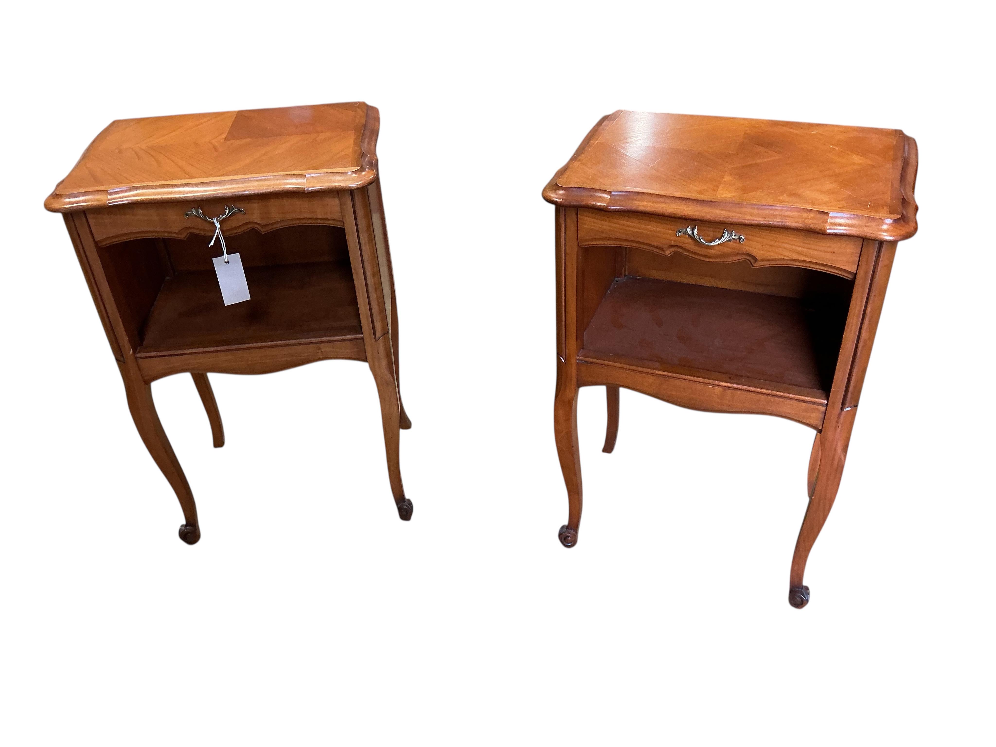 A pair of French cherry bedside cabinets, width 43cm, depth 31cm, height 66cm